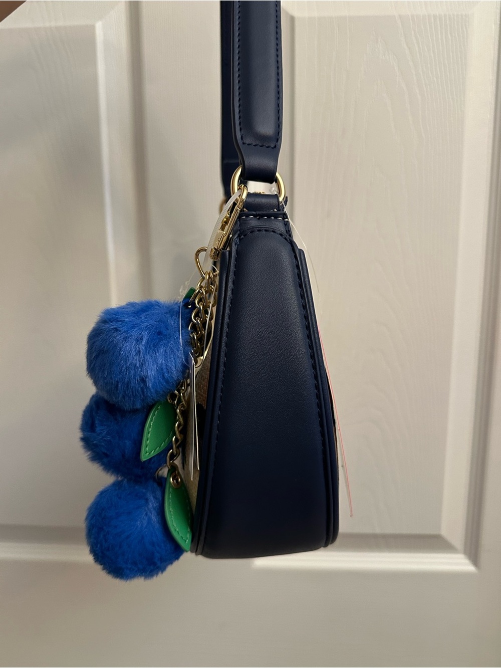 Betsey Johnson Navy Trim Straw Shoulder Bag with a Blue Pom Pom Charm - Picture 5 of 16